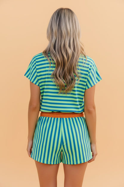 Striped Colorblock V-Neck Tee & Drawstring Shorts Two-Piece Set — Laid-Back Casual Style - Two Piece Sets/Short Sets