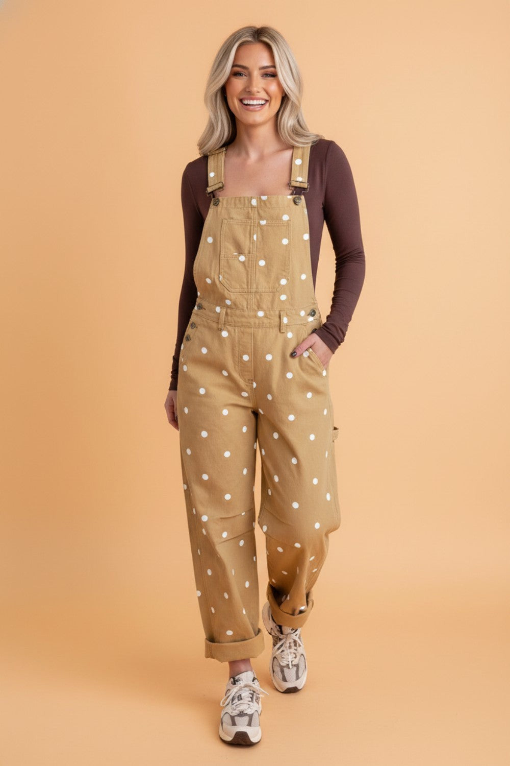 Polka Dot Denim Barrel Leg Overalls Light French Beige