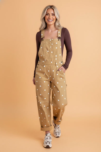 Polka Dot Denim Barrel Leg Overalls Light French Beige