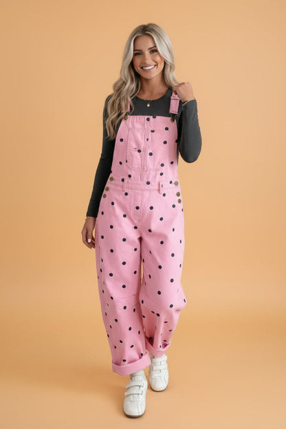 Polka Dot Denim Barrel Leg Overalls Phalaenopsis