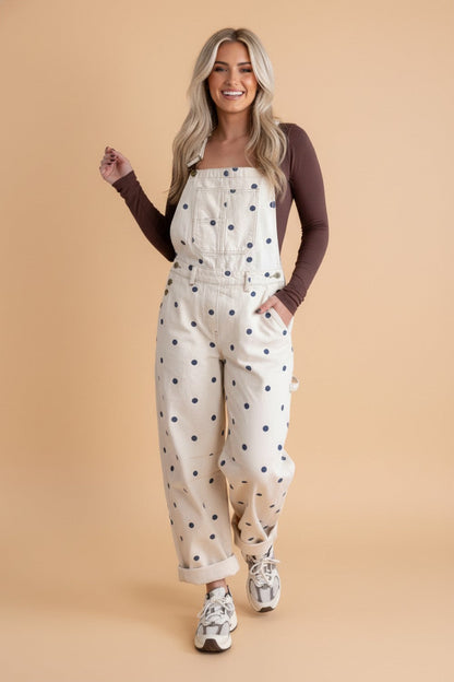 Polka Dot Denim Barrel Leg Overalls Jet Stream