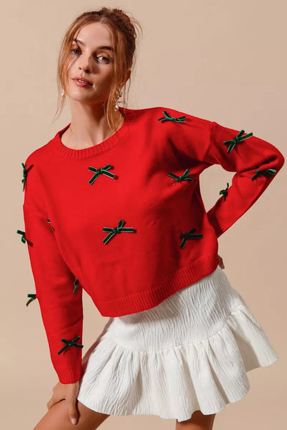 Long Sleeve Ribbon Bow Applique Sweater in Red | Trendy Sweaters Outfit Idea for Women by Ro + Ivy | Elevated Basics, Modern Comfort & Style