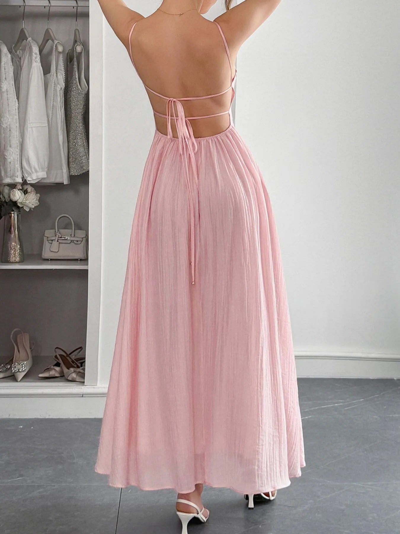 Texture Sweetheart Neck Backless Spaghetti Strap Maxi Dress - Maxi Dresses