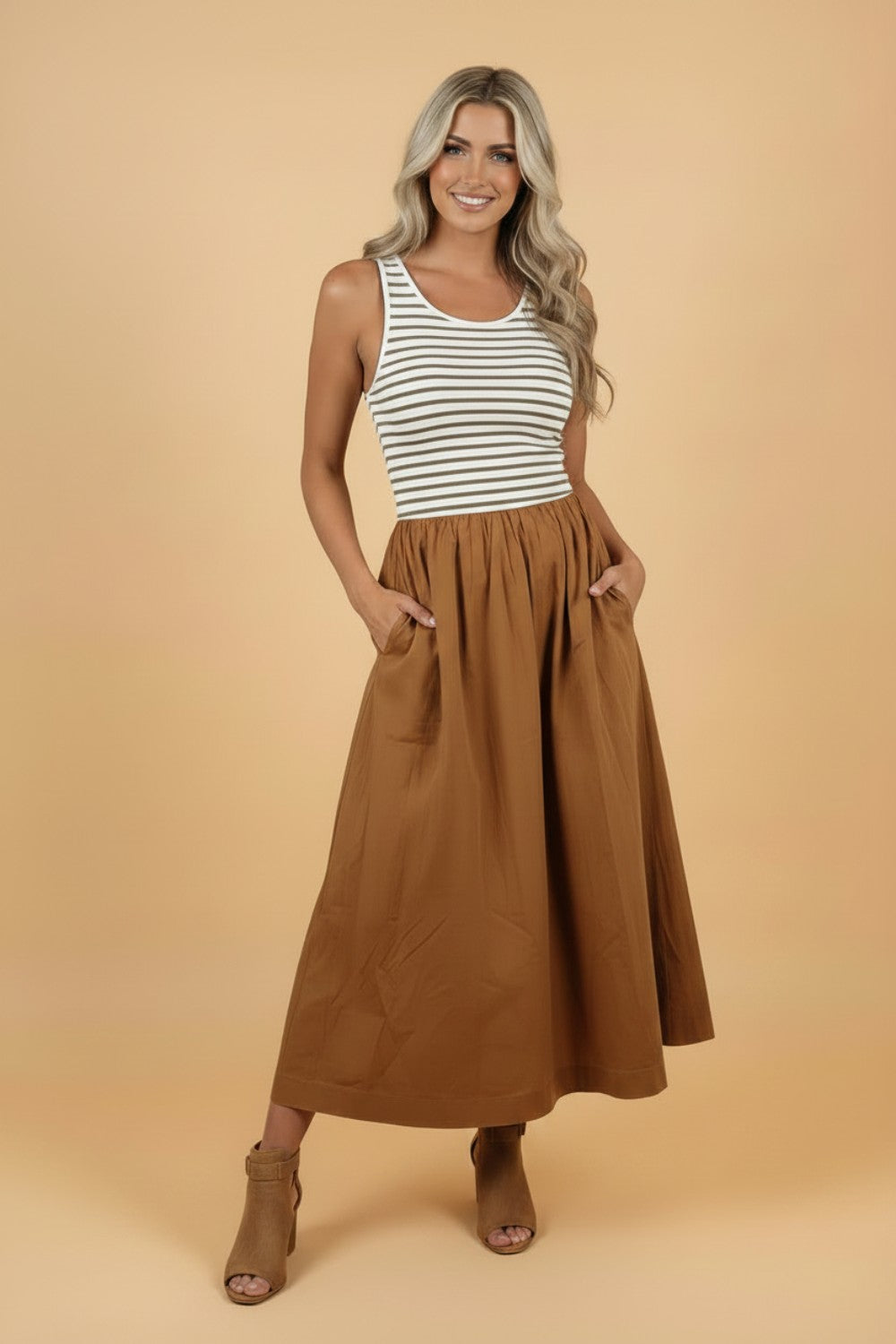 Striped Colorblock Sleeveless Maxi Dress with Pockets Chestnut