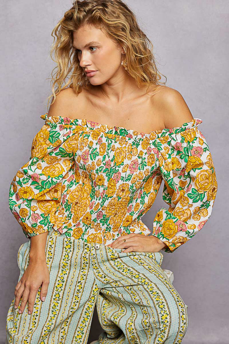100% Cotton Floral Print Off-Shoulder Smocked Blouse - Blouses