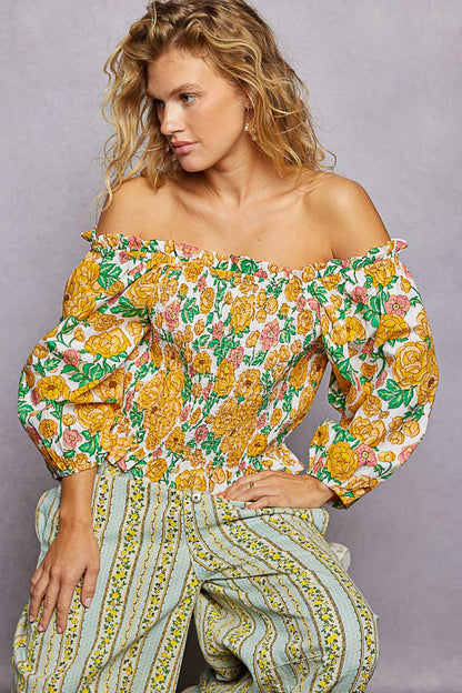 100% Cotton Floral Print Off-Shoulder Smocked Blouse - Blouses