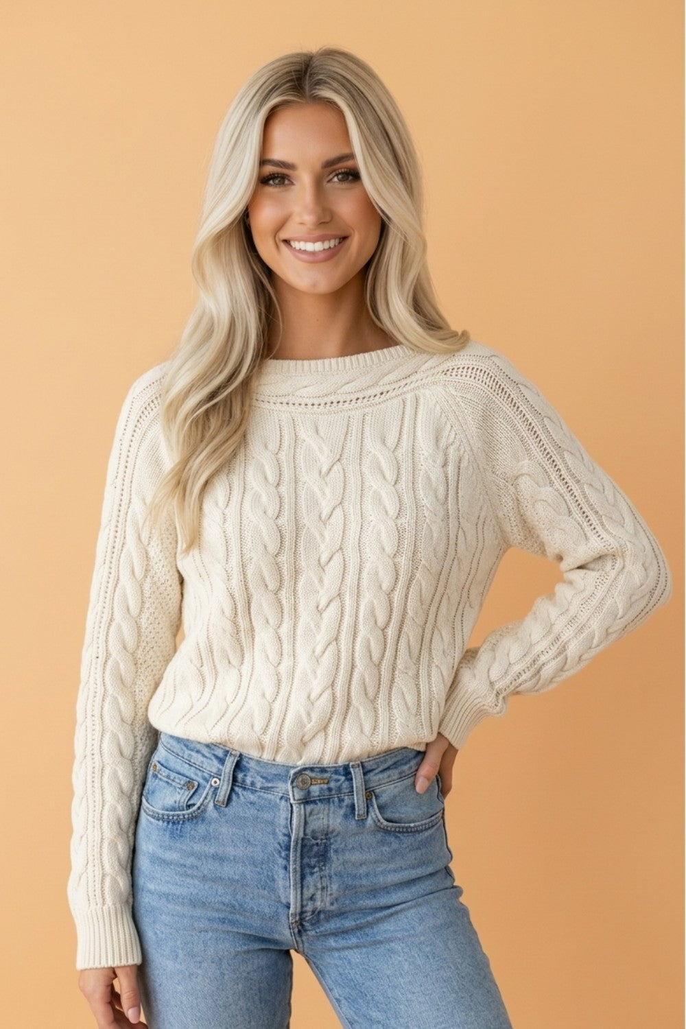 Cable Knit Boat Neck Long Sleeve Sweater Beige