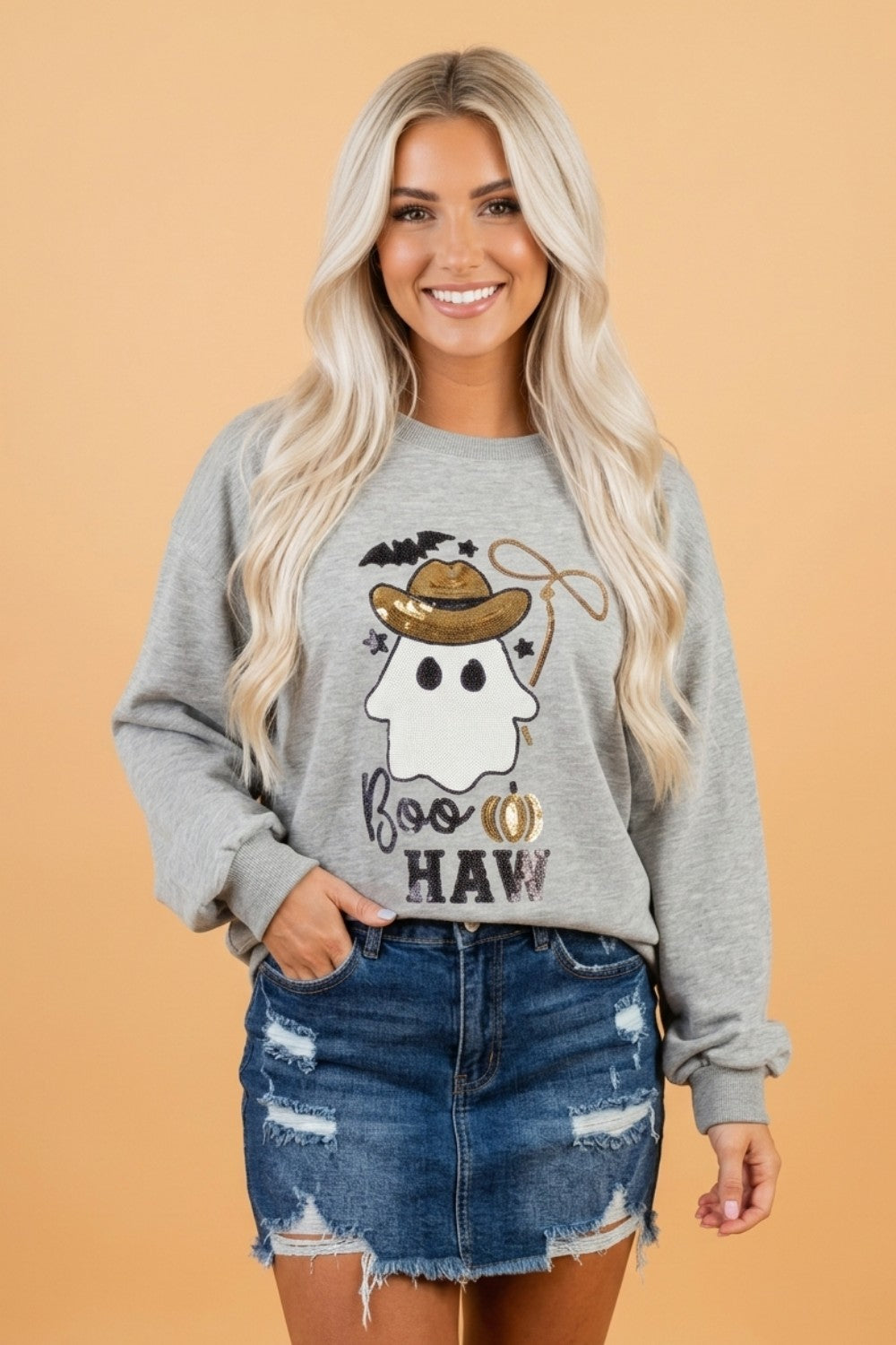 Halloween Western Ghost Sequin Graphic Long Sleeve Sweatshirt Medium Grey