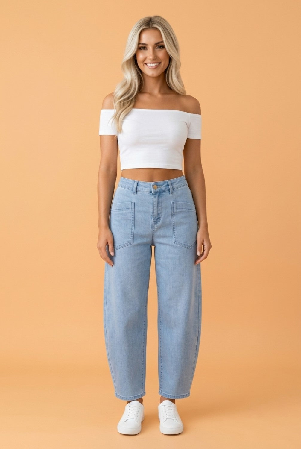 Square Patch Pocket Ankle Length Barrel Jeans Beau Blue