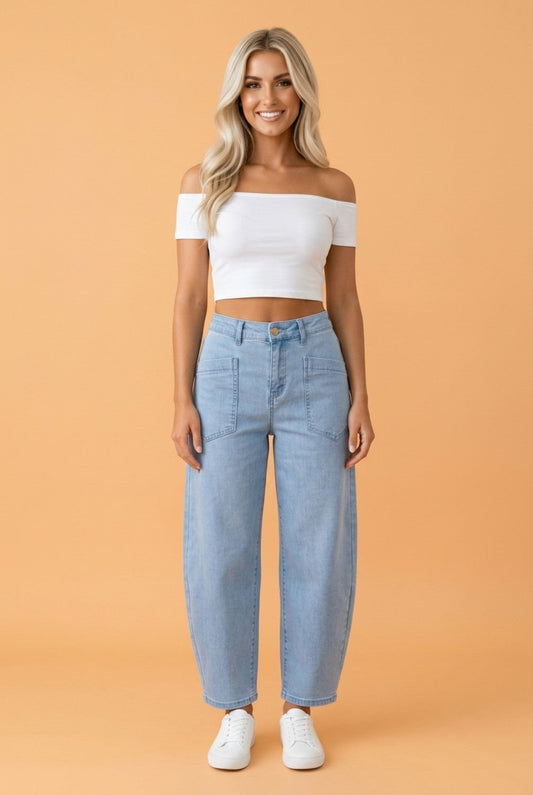 Square Patch Pocket Ankle Length Barrel Jeans Beau Blue