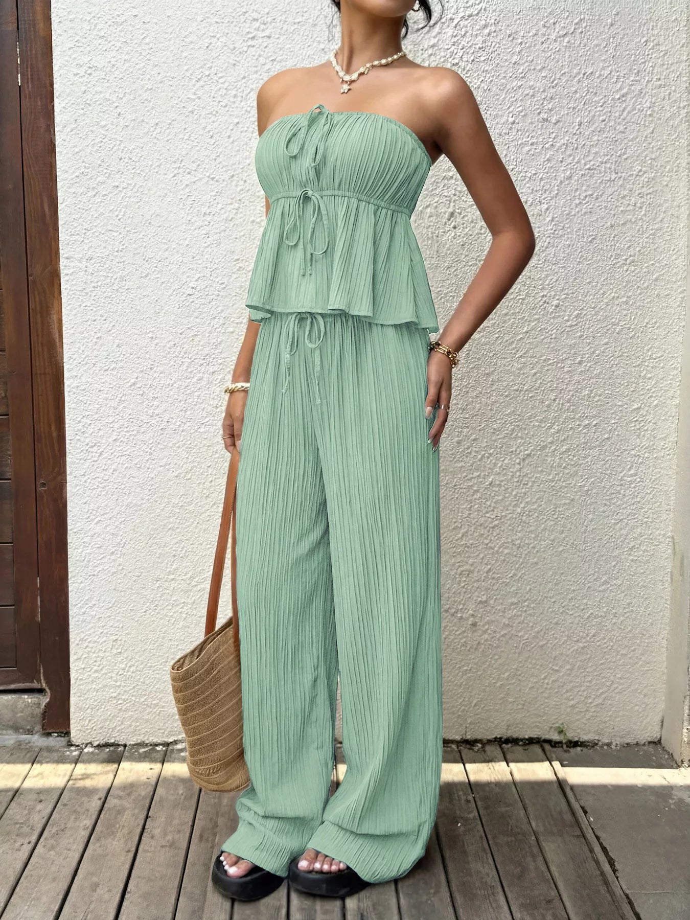 Women's Tube Top and Wide Leg Pants Set - Matching Sets