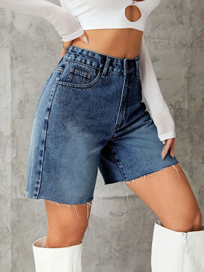 Frayed Hem Long Denim Shorts - Shorts