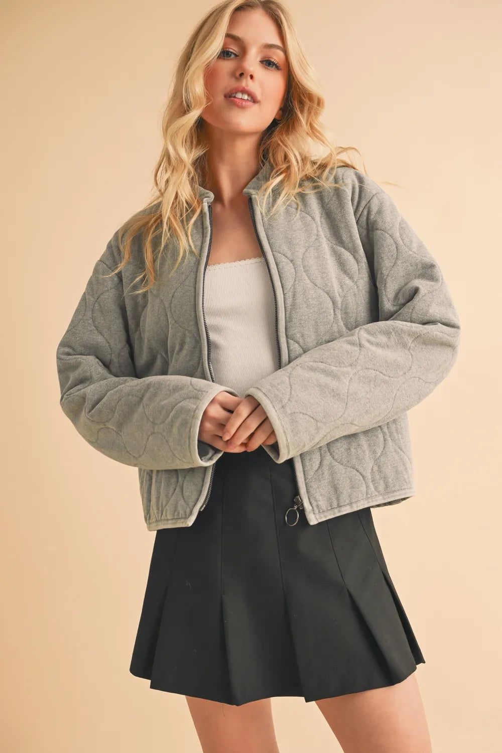 Gray Quilted Zip Up Bomber Jacket | Trendy Jackets Outfit Idea for Women by Ro + Ivy | Elevated Basics, Modern Comfort & Style