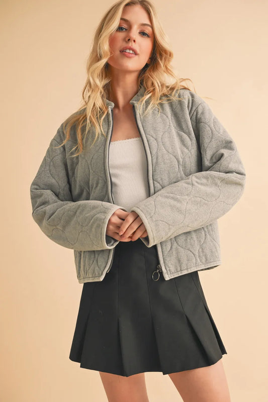Gray Quilted Zip Up Bomber Jacket | Trendy Jackets Outfit Idea for Women by Ro + Ivy | Elevated Basics, Modern Comfort & Style