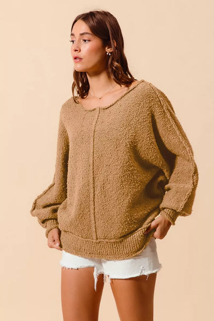 Boucle Loose Fit Sweater with Exposed Seam in Taupe | Trendy Sweaters Outfit Idea for Women by Ro + Ivy | Elevated Basics, Modern Comfort & Style