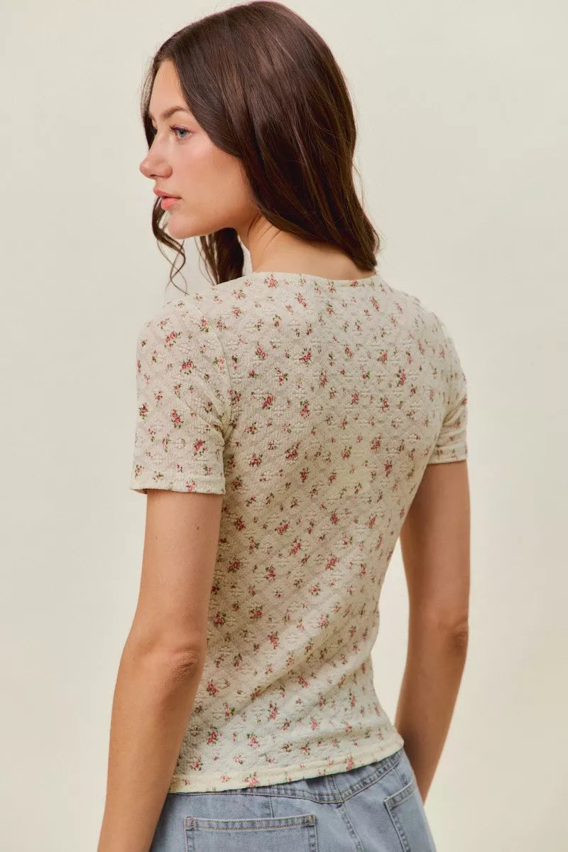 Floral Lace Short Sleeve Layering Knit Top — Romantic Soft Inner Layer Everyday Style - Knit Tops