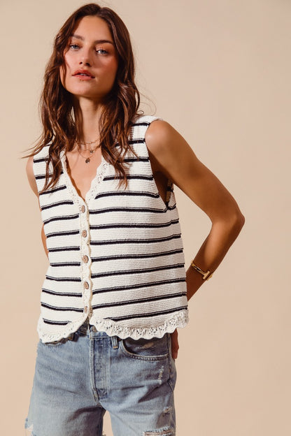 Striped Crochet Trim Button-Down Knit Sweater Vest — Lightweight Versatile Everyday Style - OFF WHITE BLACK Knit Vests