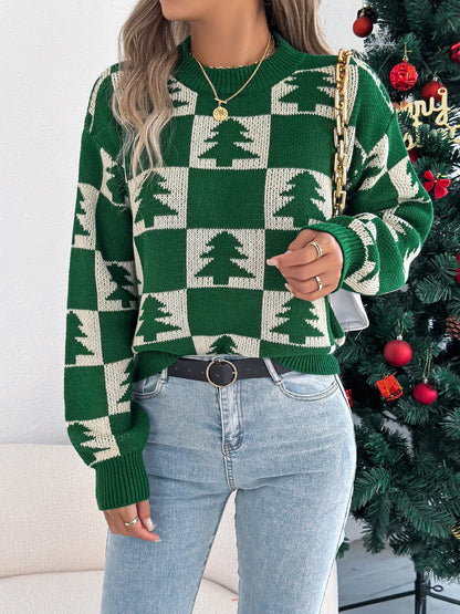 Christmas Tree Checkerboard Pattern Knit Sweater