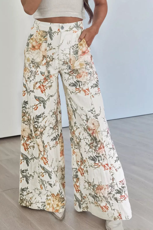 Women's Vintage Floral Print High Waist Wide Leg Jeans Beige