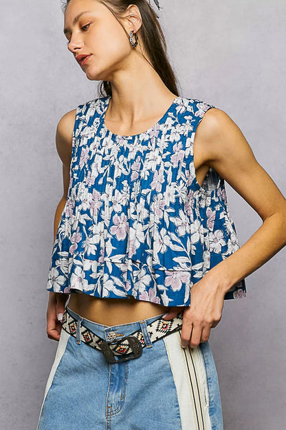 Floral Round Neck Cropped Pintuck Tank - Tank Tops