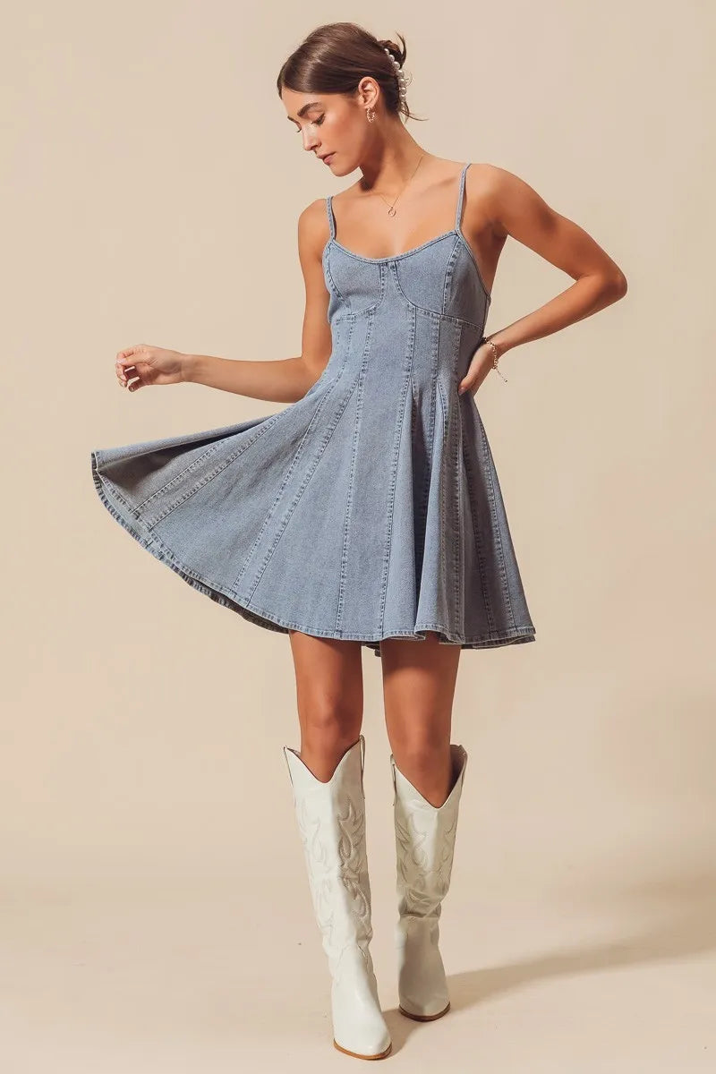 A Line Fit And Flare Denim Bow Ties Mini Dress | Trendy Mini Dresses Outfit Idea for Women by Ro + Ivy | Elevated Basics, Modern Comfort & Style