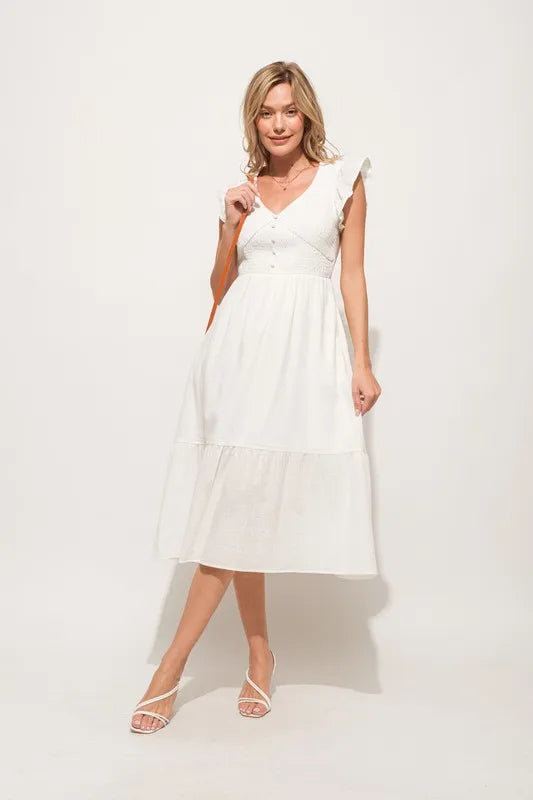 Ruffle Sleeve Front Smocked Tiered Midi Dress — Whimsical Romantic Feminine Flowing Style - Mini Dresses