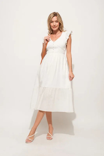 Ruffle Sleeve Front Smocked Tiered Midi Dress — Whimsical Romantic Feminine Flowing Style - Mini Dresses