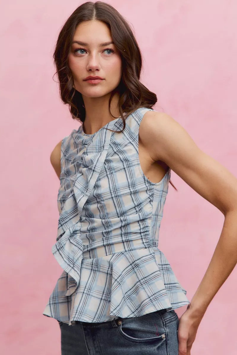 Women's Plaid Sleeveless Ruffle Peplum Top - Tops