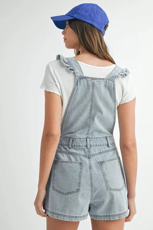 Square Neck Ruffle Shoulder Denim Overall Romper - Rompers