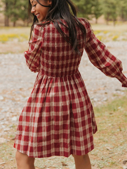 Women's Plaid Print Smocked Puff Sleeve Mini Dress - Mini Dresses