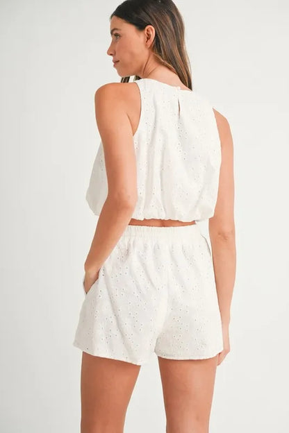 Eyelet Bubble Hem Sleeveless Top And Shorts Set – outfit idea for women | Ro + Ivy