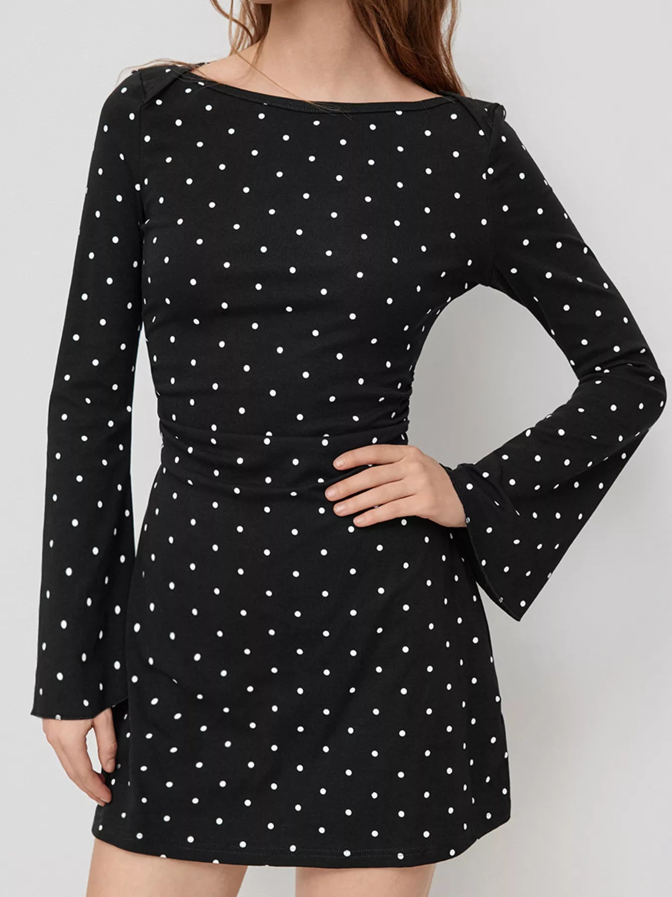 Polka Dot Boat Neck Flare Sleeves Mini Dress Black