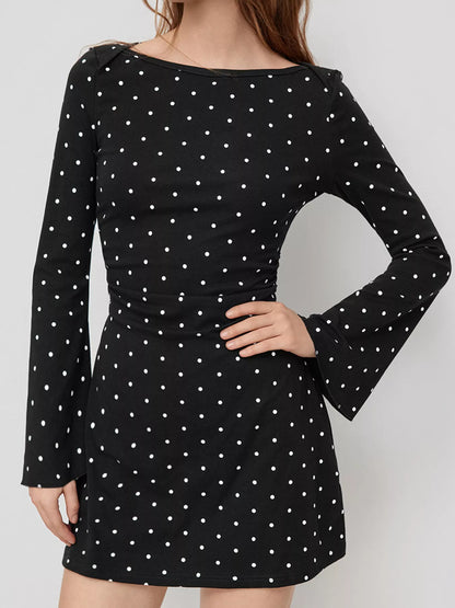 Polka Dot Boat Neck Flare Sleeves Mini Dress Black