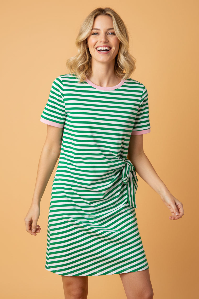 Striped Contrast Trim Tie Waist Coastal Mini Dress — Soft Stretch Everyday Style - Green Stripe Dresses/T Shirt Dresses