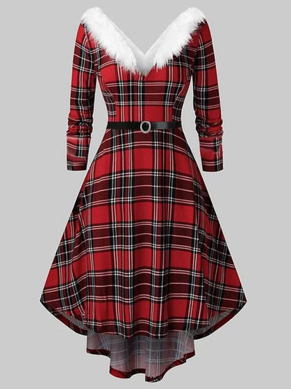 Long-Sleeve Christmas Dress with Fuzzy Trim Red Plaid