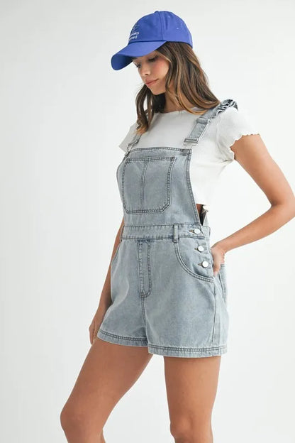 Square Neck Ruffle Shoulder Denim Overall Romper - Rompers