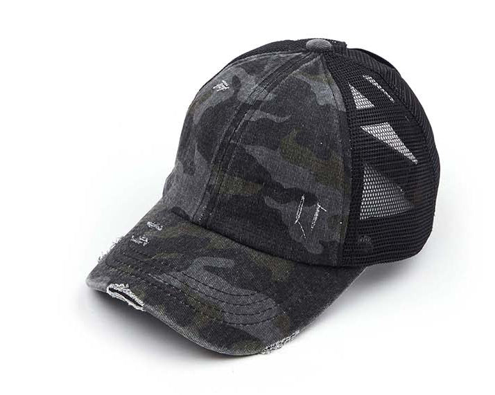 Criss-Cross Ponytail Trucker Hat — Stretch Back Opening Breathable Mesh - Black Camo Baseball Caps
