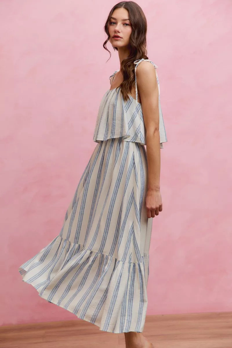 Women's Striped Tiered Shoulder Tie Midi Dress - Midi Dresses