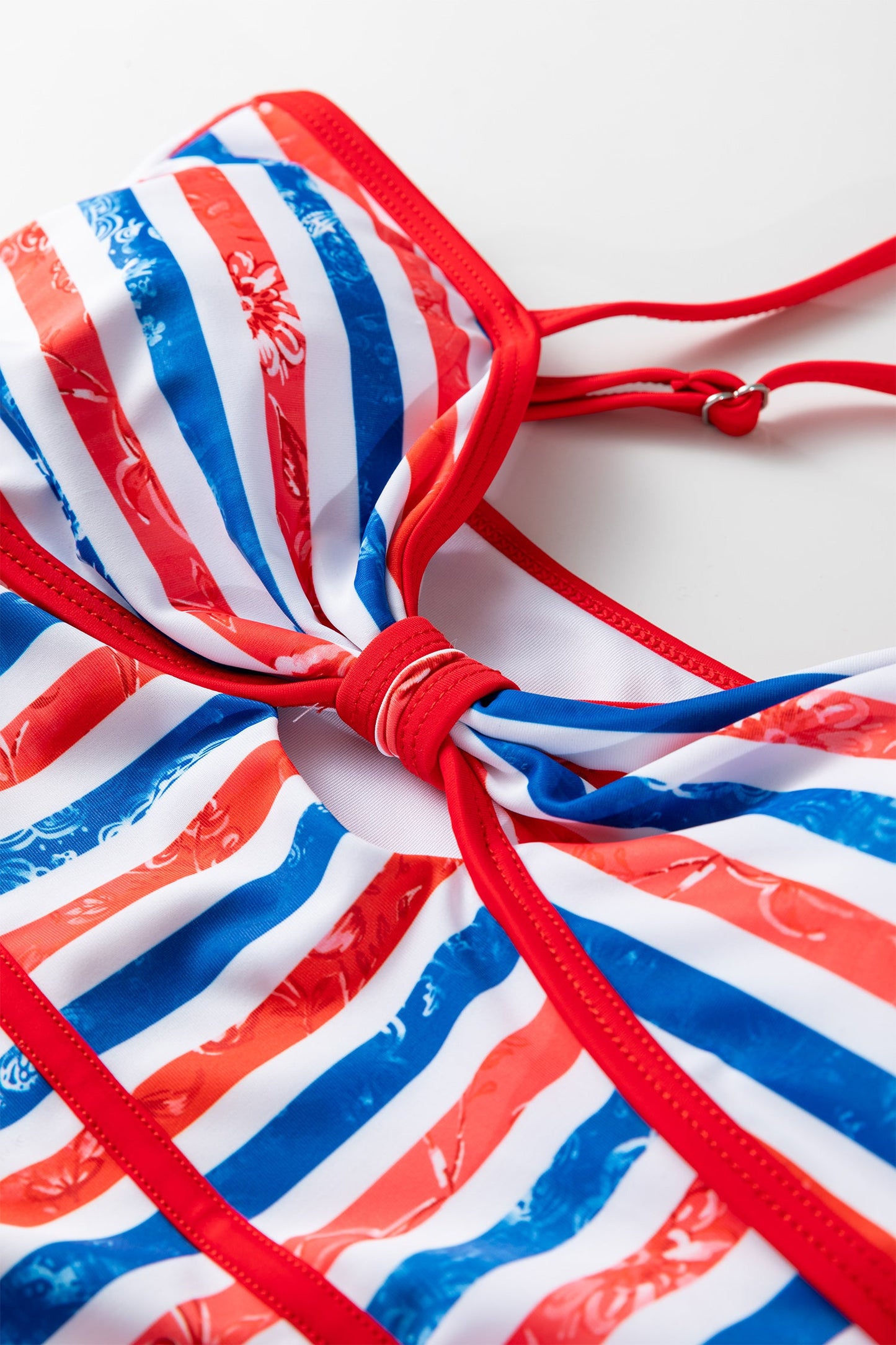 Americana Stars & Stripes Cutout Spaghetti Strap One-Piece Swimsuit — Patriotic Floral Accent Summery Style - One-Piece Swimsuits
