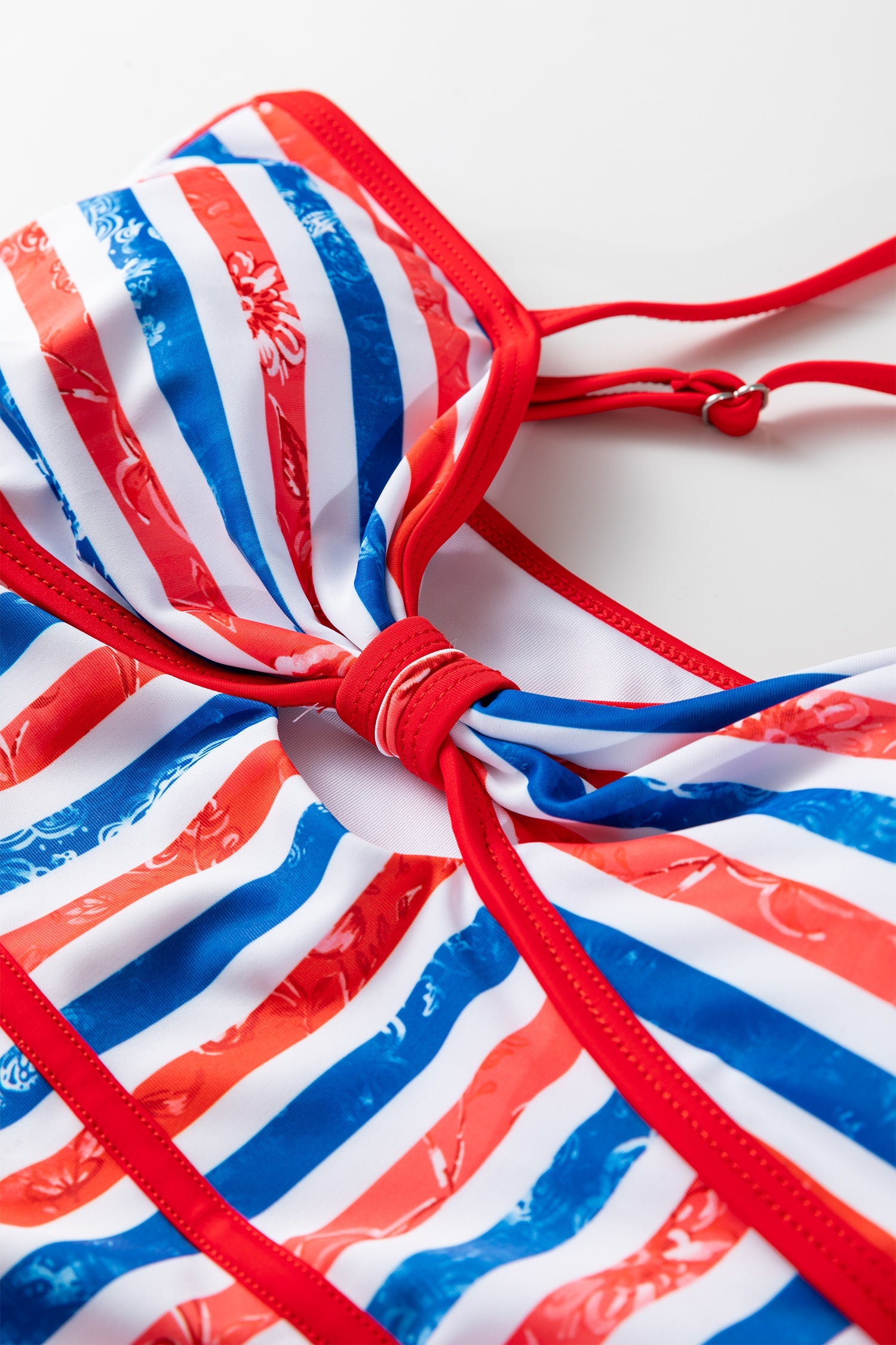 Americana Stars & Stripes Cutout Spaghetti Strap One-Piece Swimsuit — Patriotic Floral Accent Summery Style - One-Piece Swimsuits