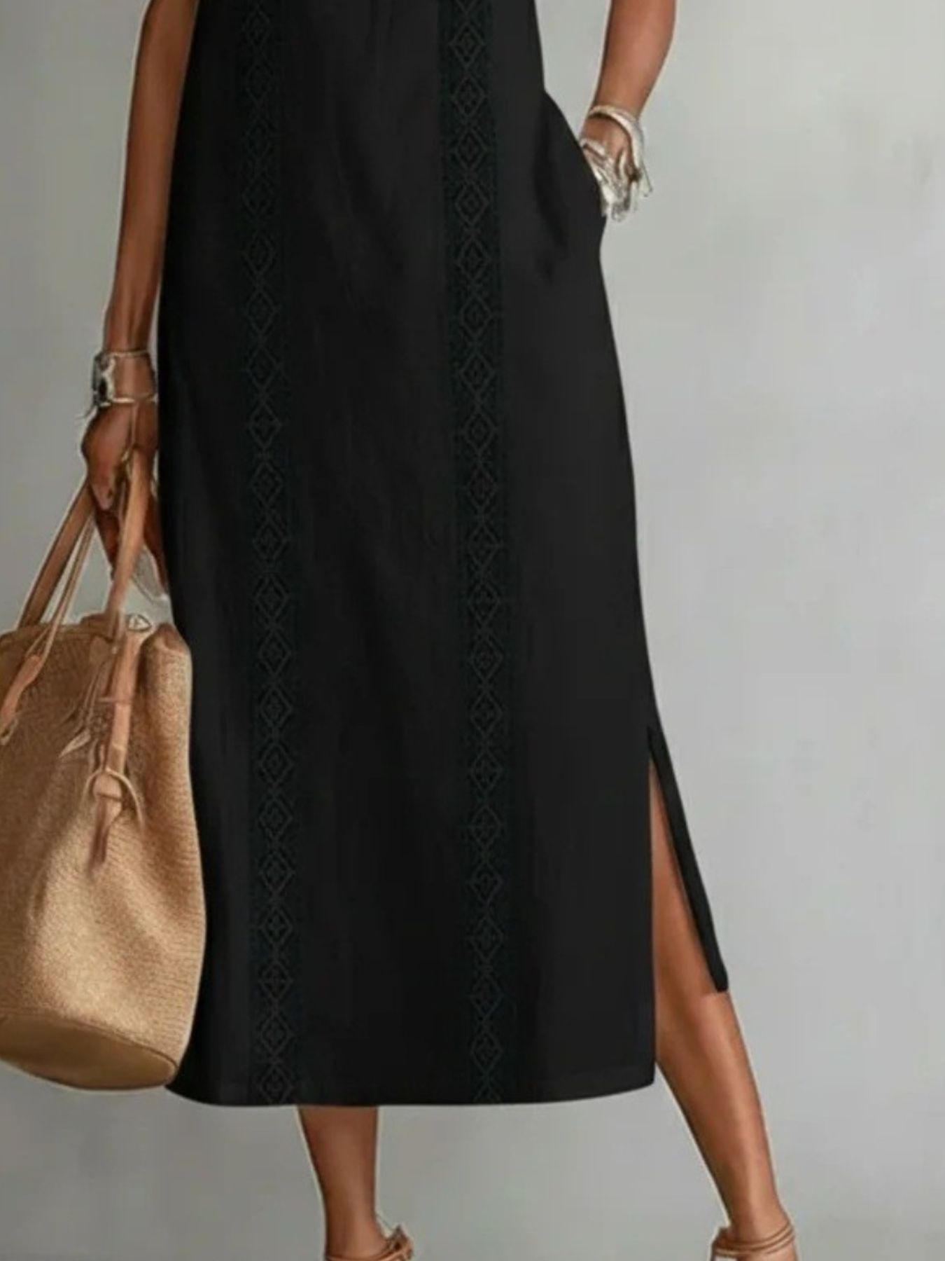 Women's Side Slit Sleeveless Hollow Out Trimmed Midi Dress - Midi Dresses