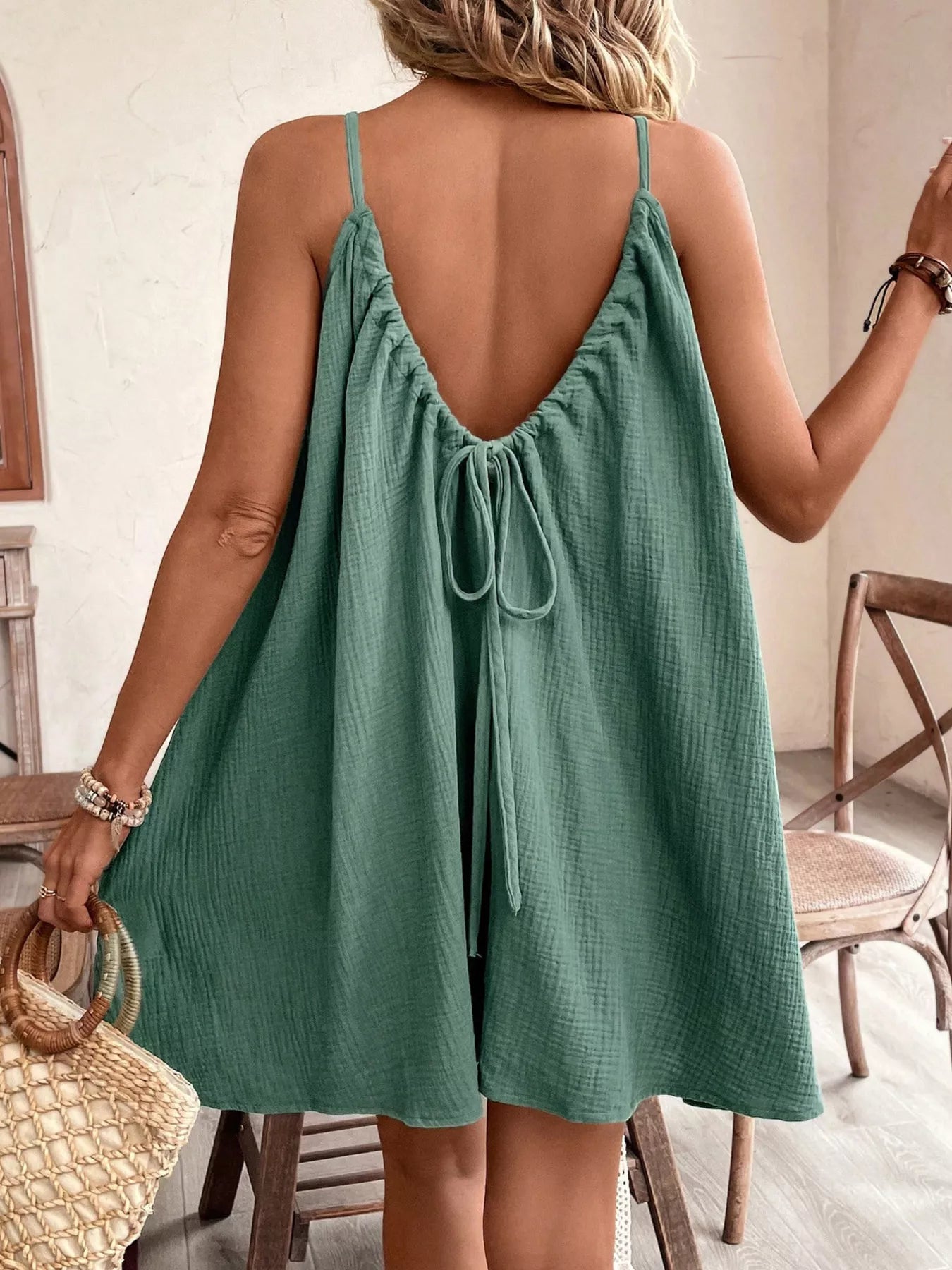 Women's Spaghetti Strap Gauze Mini Dress - Mini Dresses