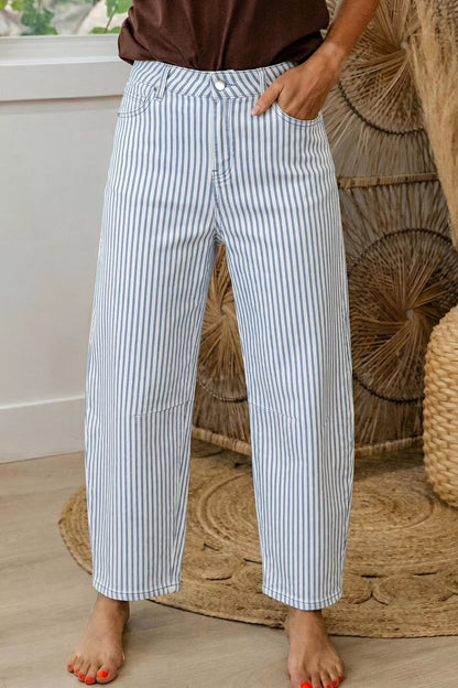 Women's Striped Barrel Leg Jeans - Light Blue Jeans