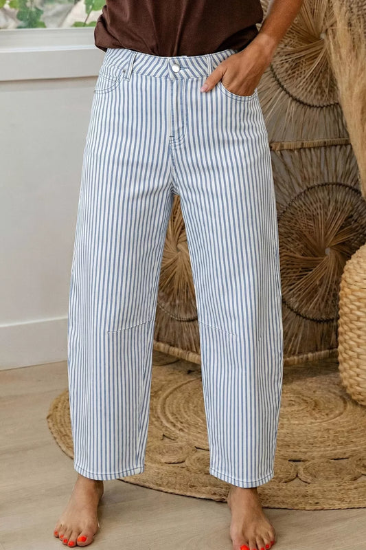 Women's Striped Barrel Leg Jeans Light Blue