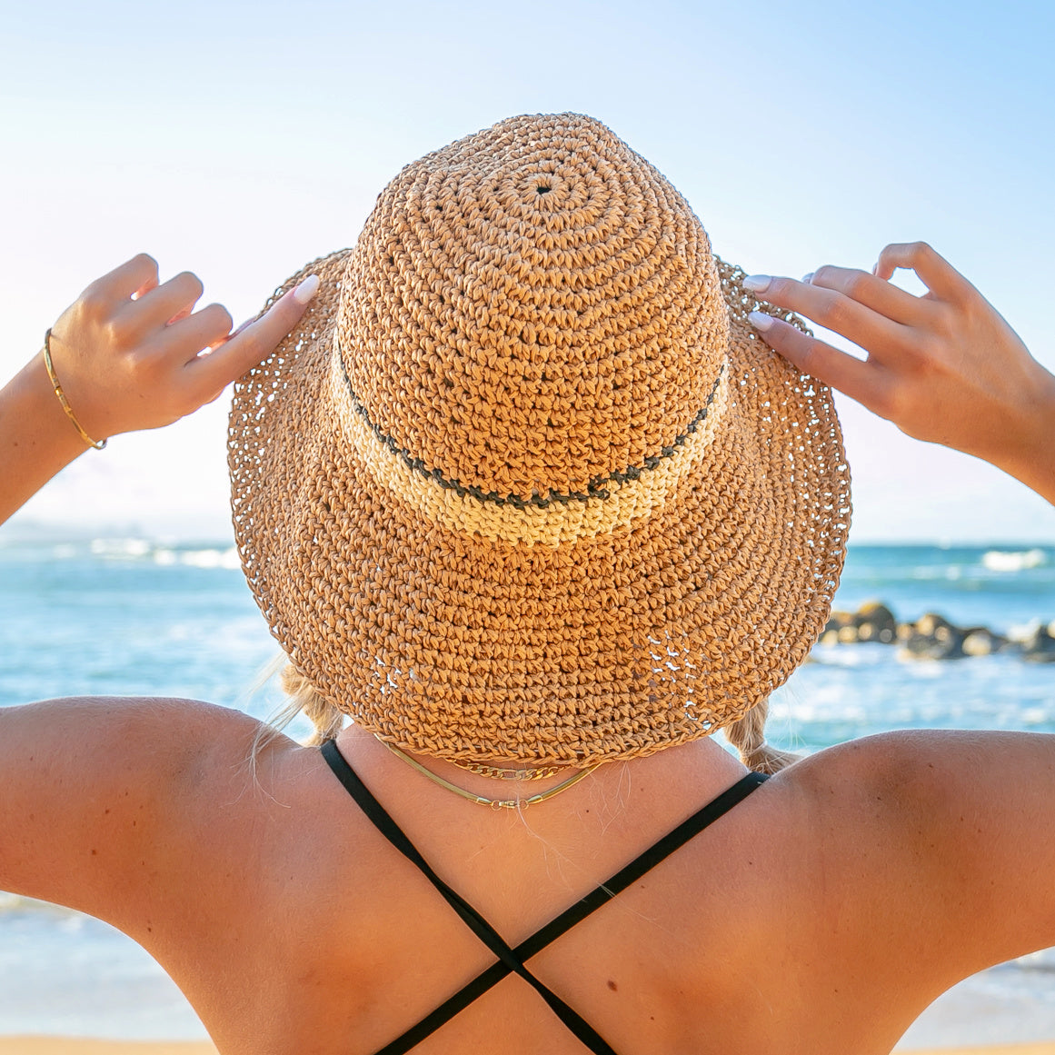 Stripe Accent Straw Hat - Khaki Straw Sunhat
