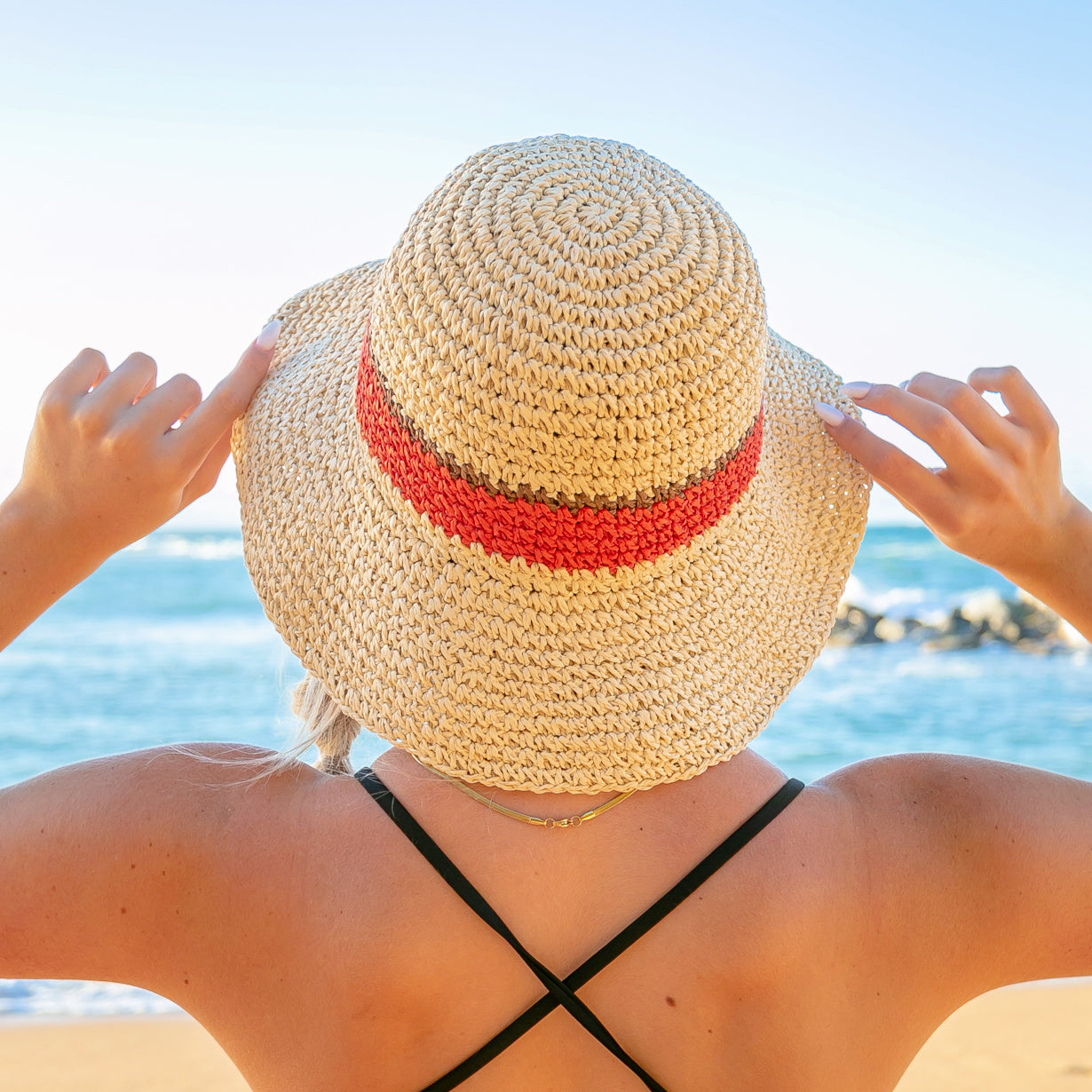 Stripe Accent Straw Hat - Straw Straw Sunhat