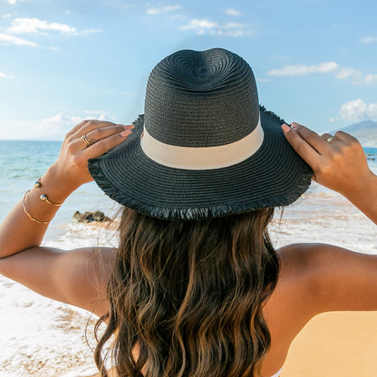 Fray Edge Ribbon Accent Panama Hat - Black Straw Sunhat