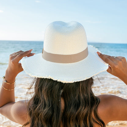 Fray Edge Ribbon Accent Panama Hat - Cream Straw Sunhat
