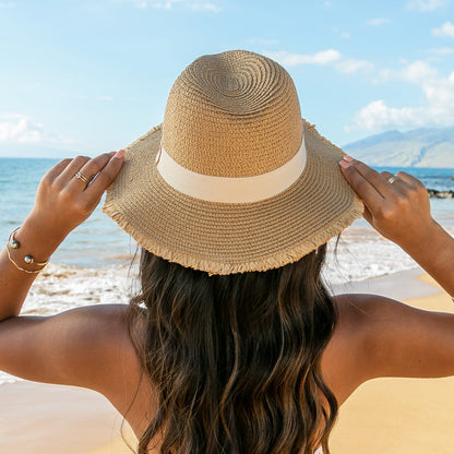 Fray Edge Ribbon Accent Panama Hat - Khaki Straw Sunhat