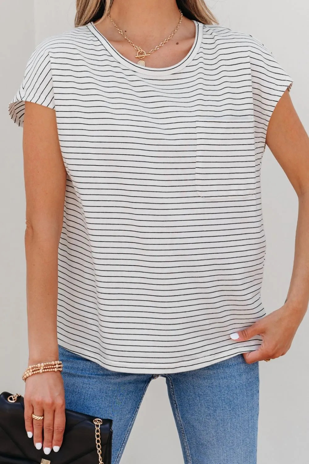 Stripe Short Sleeve Crew Neck Casual Tee With Chest Pocket - Shirts